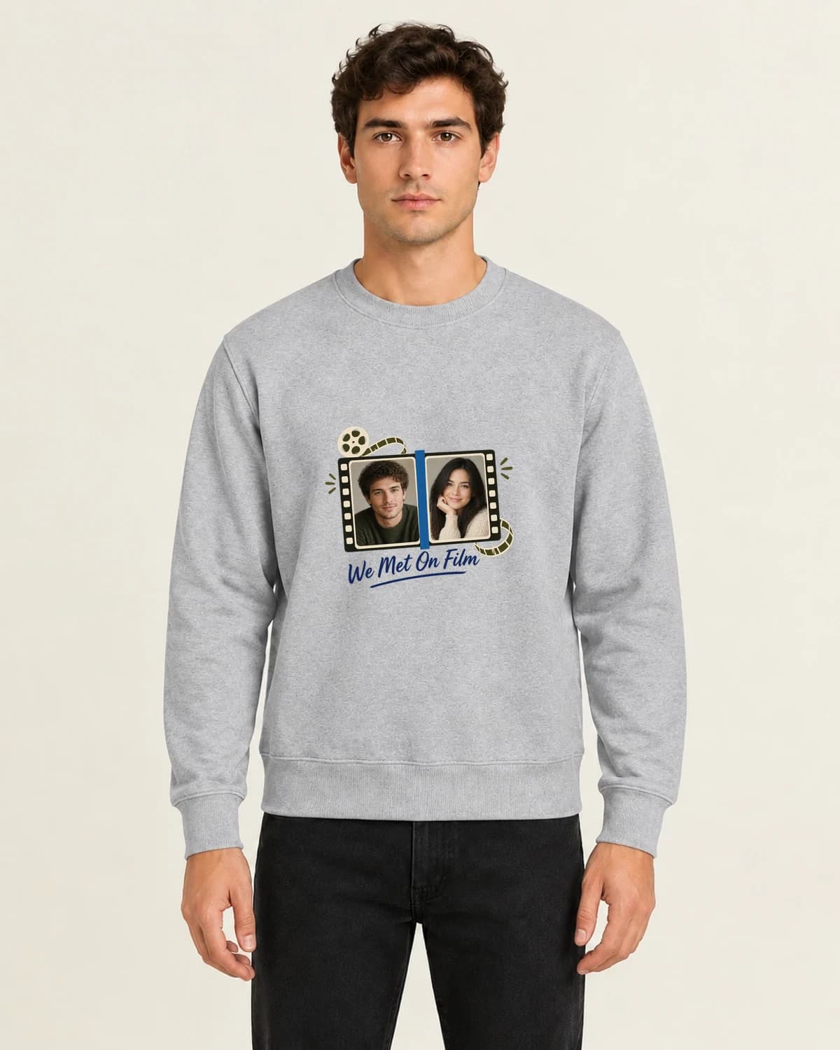 Long-Distance Photo Keepsakes: We Met On Film on men's crewneck; illustrative styling