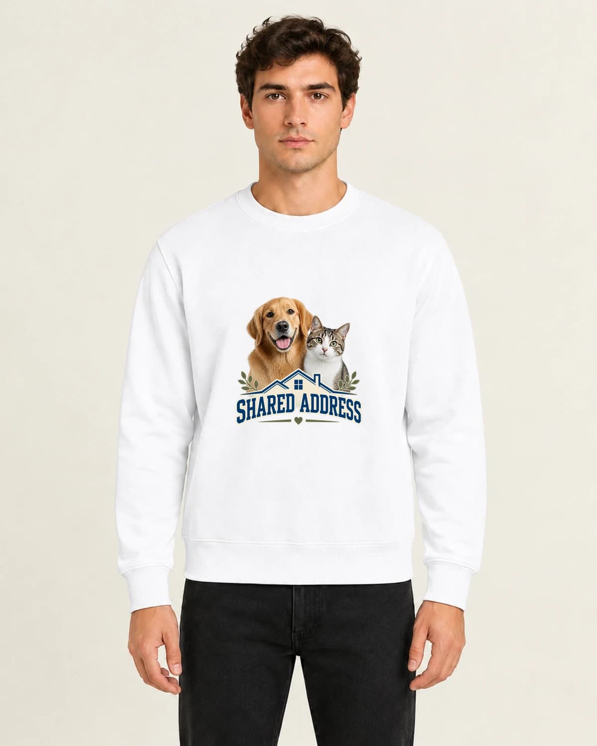 Dog Cat Shared Address, men's 260gsm White; illustrative styling