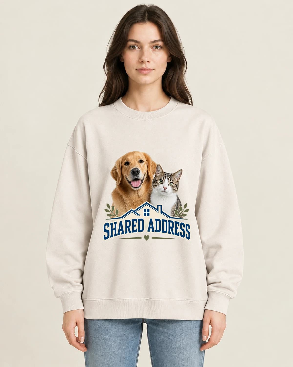 Dog Cat Shared Address on women's 220gsm Apricot crewneck; illustrative styling