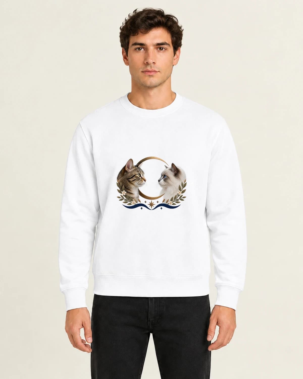 Two Cats Moon Ledger, men's 260gsm White; illustrative styling