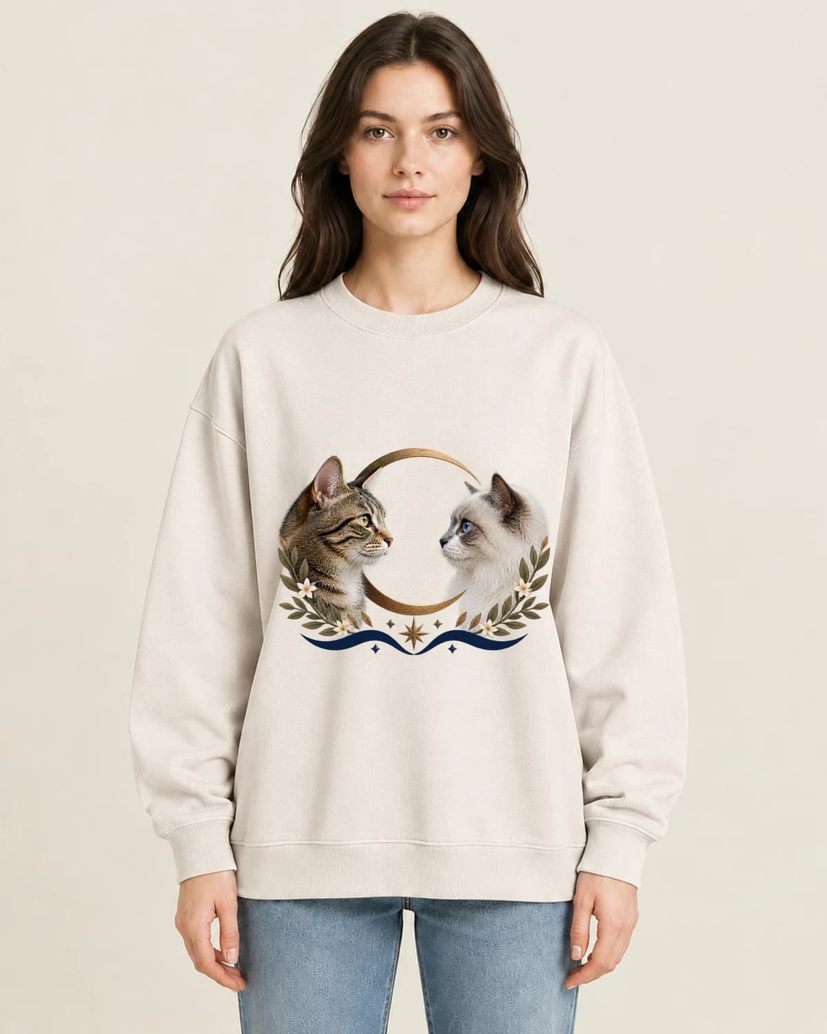 Two Cats Moon Ledger on women's 220gsm Apricot crewneck; illustrative styling