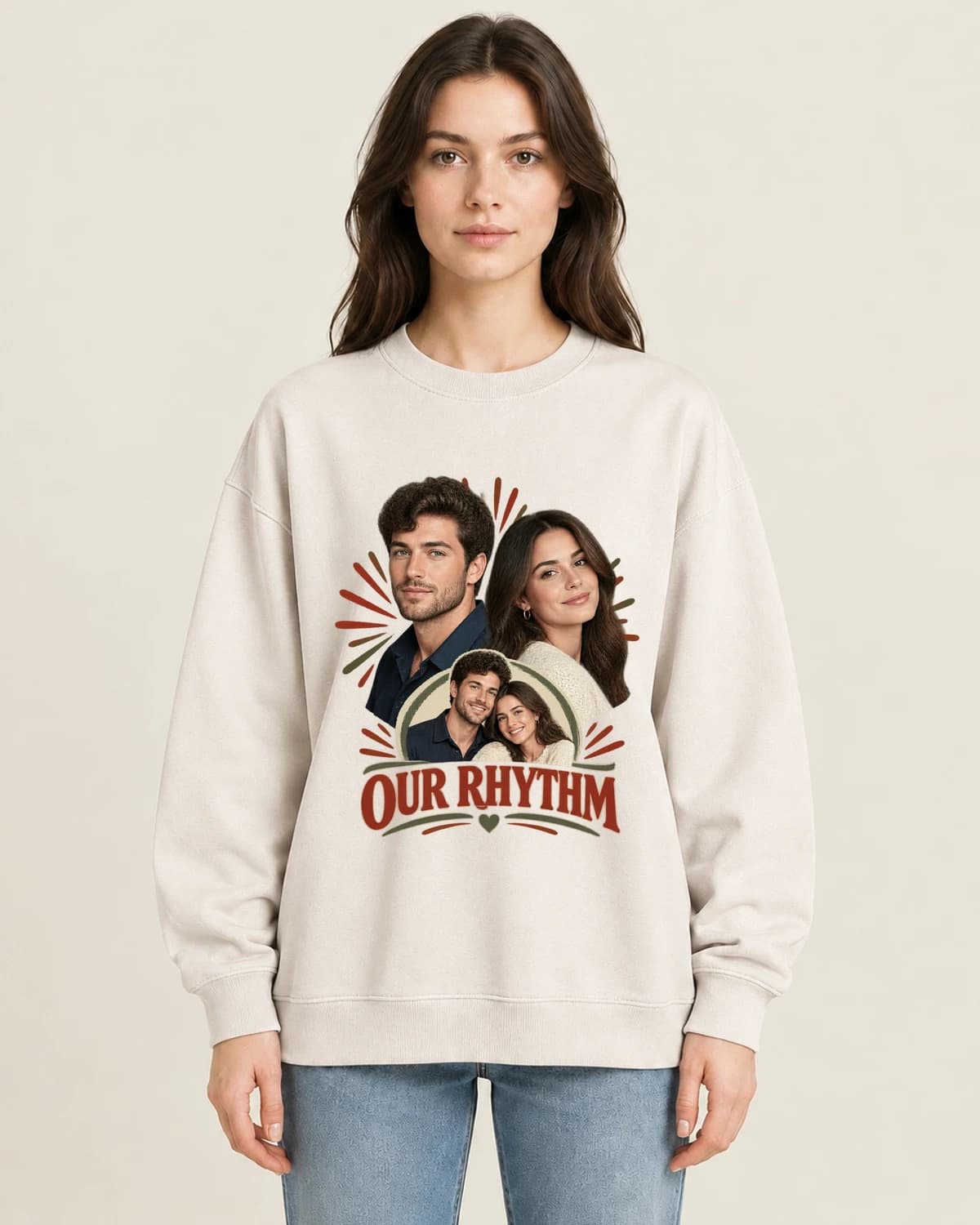 Two People One Rhythm on women's 220gsm Apricot crewneck; illustrative styling