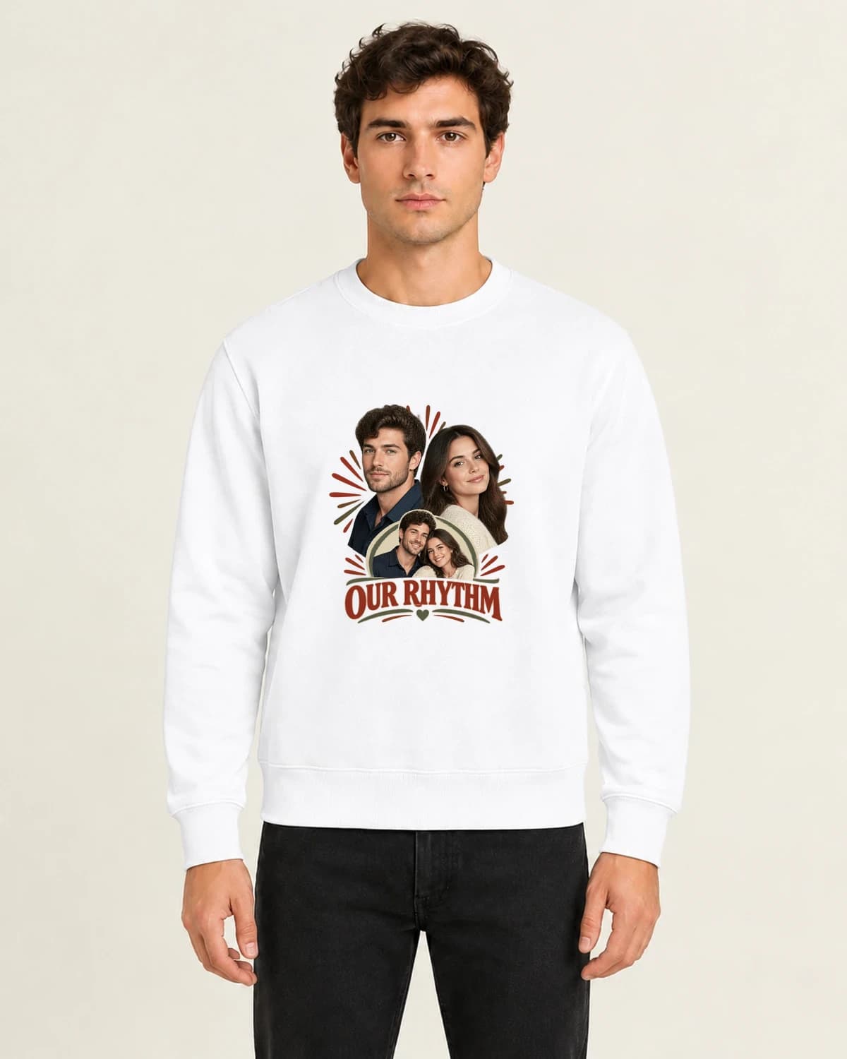 Two People One Rhythm, men's 260gsm White; illustrative styling
