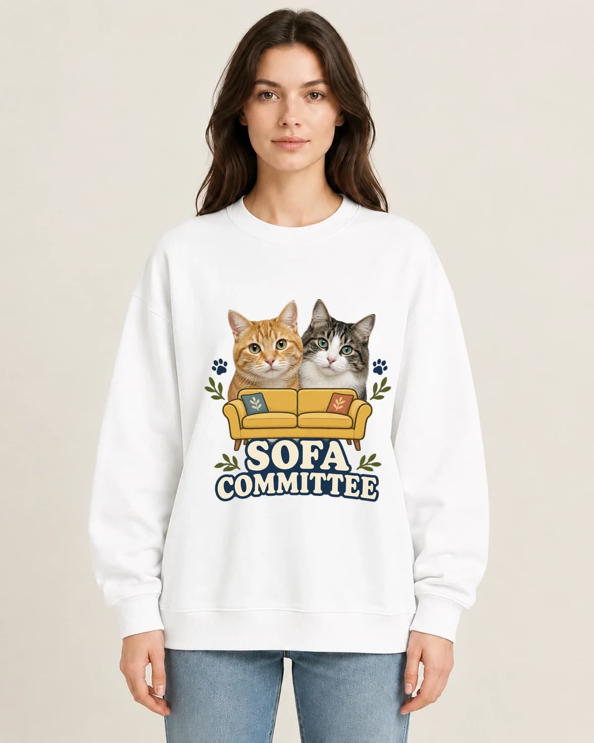 Cat Duo Sofa Committee on women's 220gsm White crewneck; illustrative styling