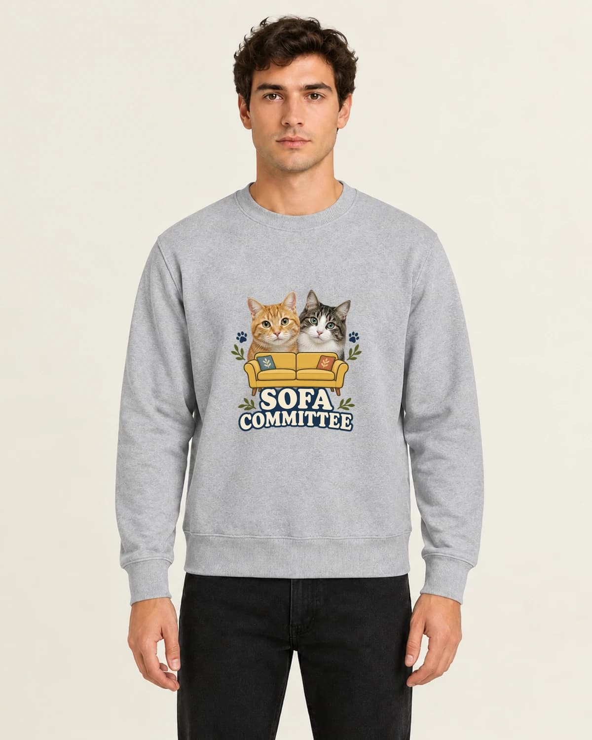 Men's Photo Sweatshirts: Cat Duo Sofa Committee on men's crewneck; illustrative styling