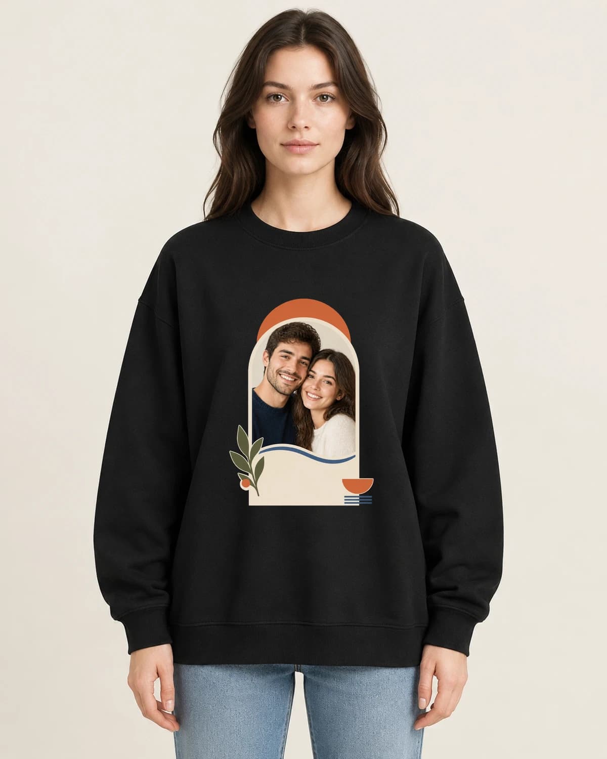 Our First Frame on women's 220gsm Black crewneck; illustrative styling