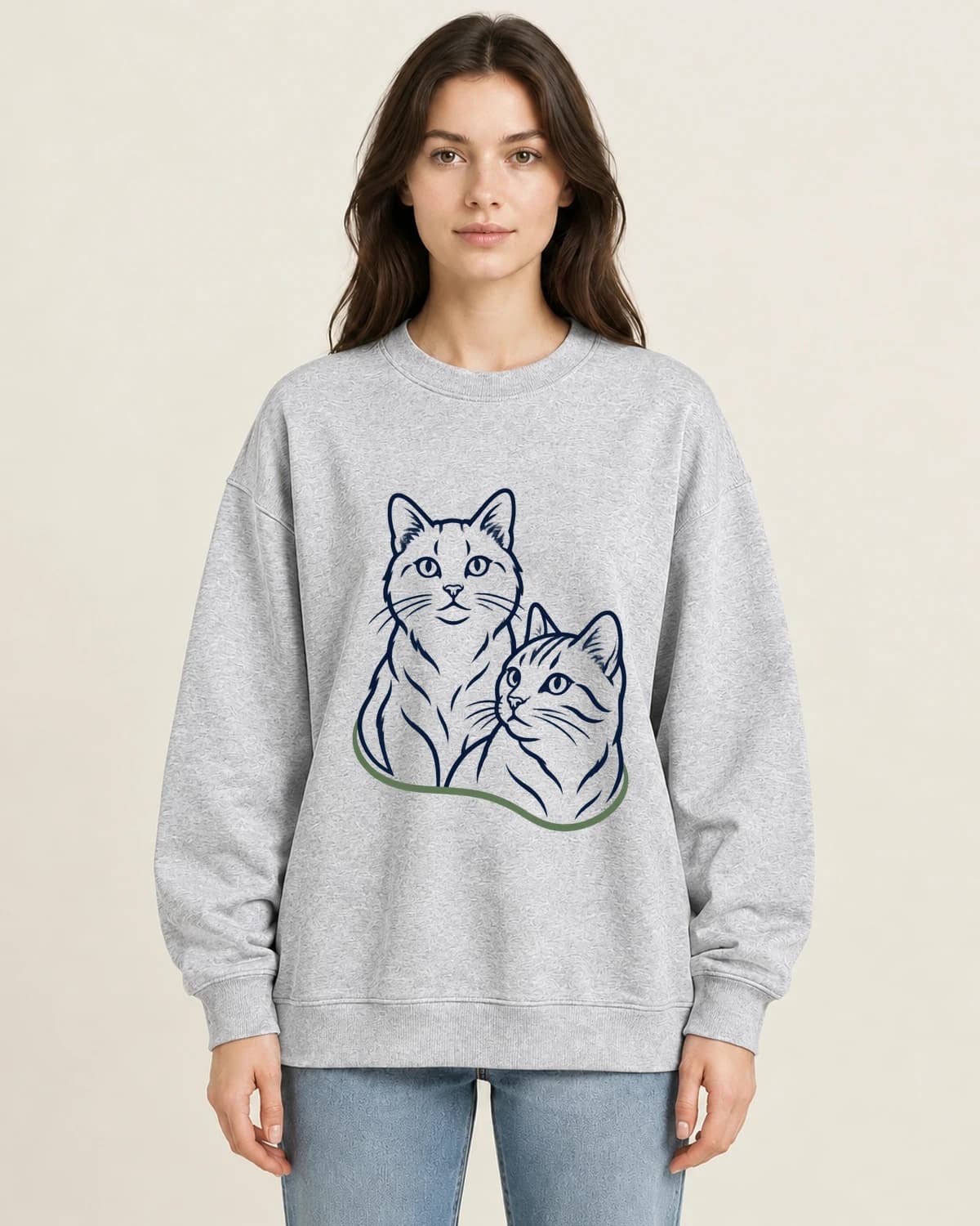 Feline Pair Studio on women's 220gsm Gray crewneck; illustrative styling