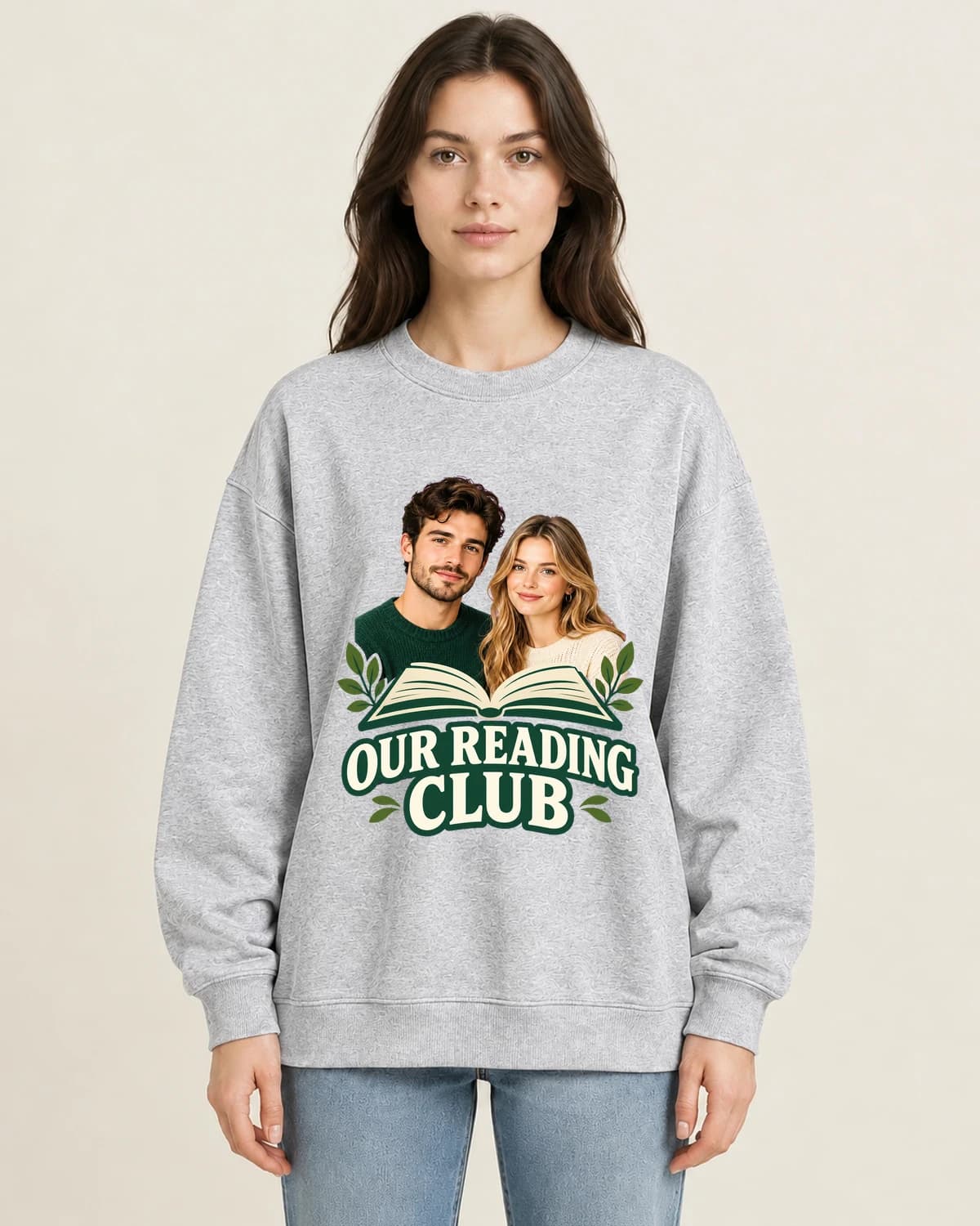 The Us Reading Club on women's 220gsm Gray crewneck; illustrative styling