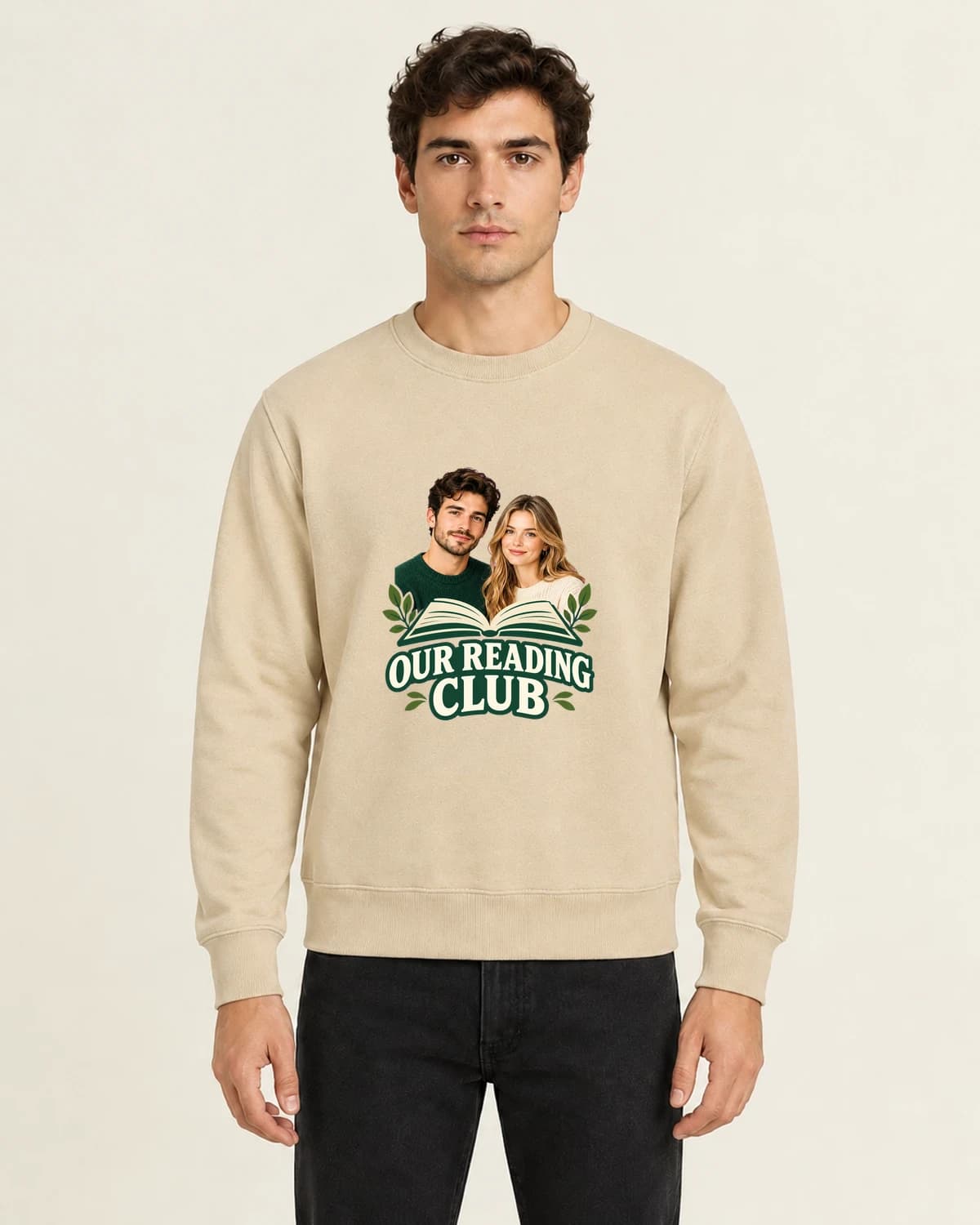The Us Reading Club, men's 260gsm Sand; illustrative styling