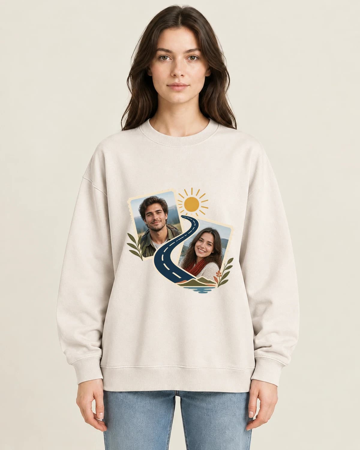 Two Hearts Field Notes on women's 220gsm Apricot crewneck; illustrative styling