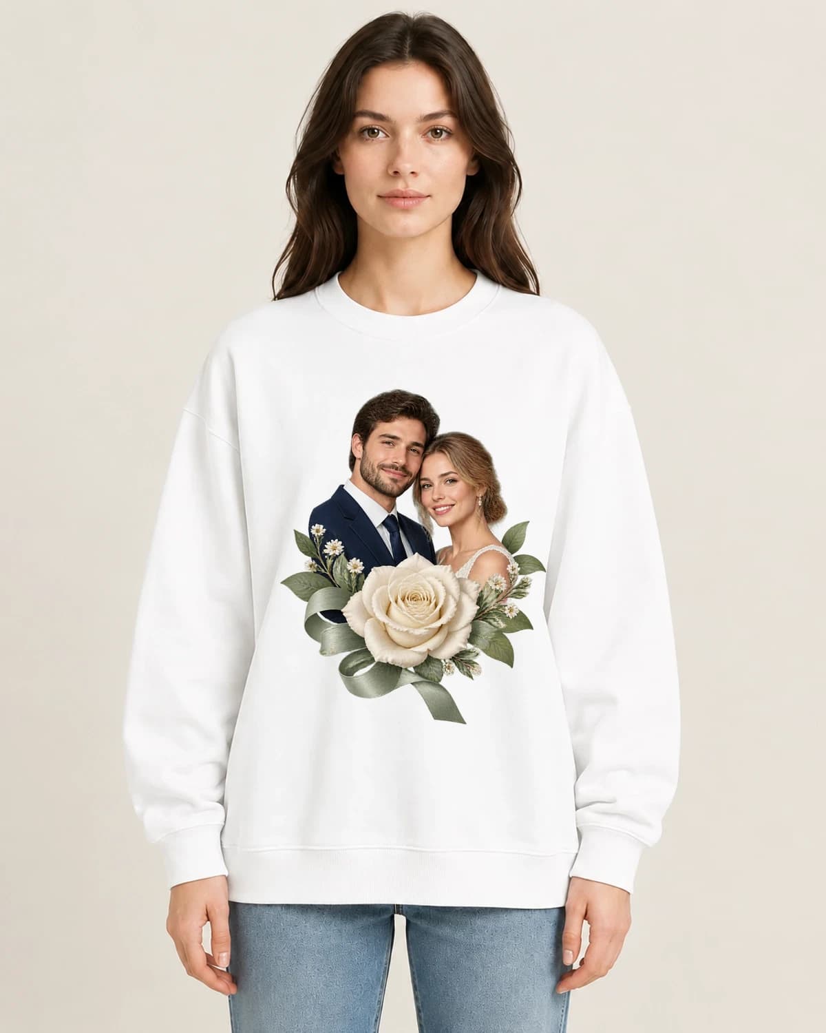 Anniversary Photo Sweatshirts: Garden Vow Portrait on women's crewneck; illustrative styling
