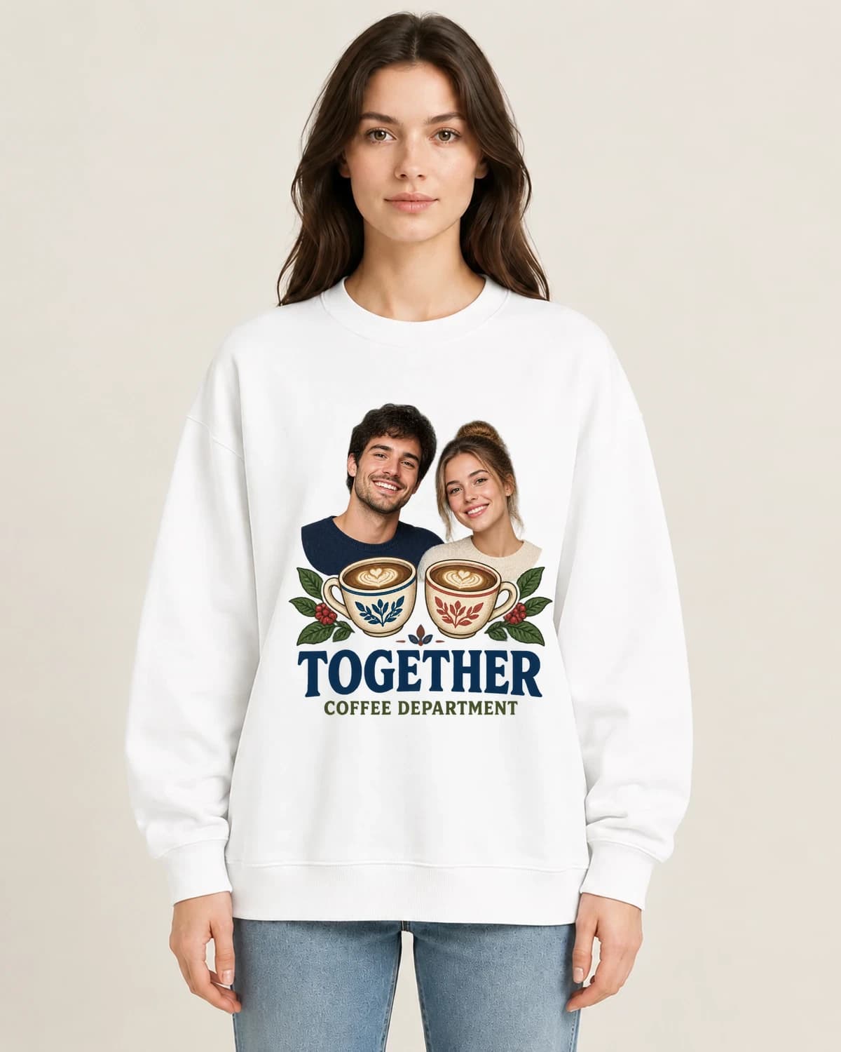 Women's Photo Sweatshirts: Together Coffee Department on women's crewneck; illustrative styling