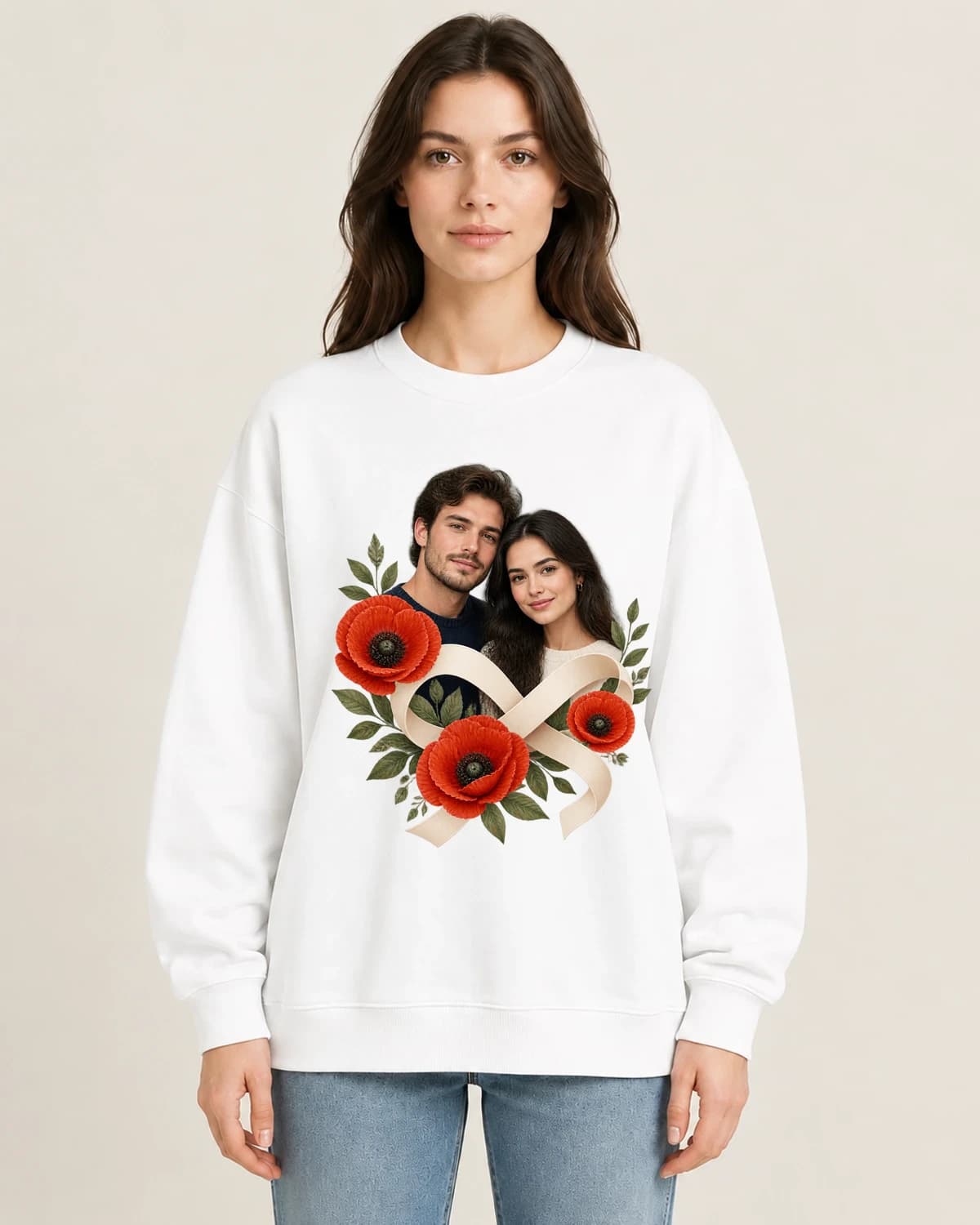 Ribbon Around Our Story on women's 220gsm White crewneck; illustrative styling