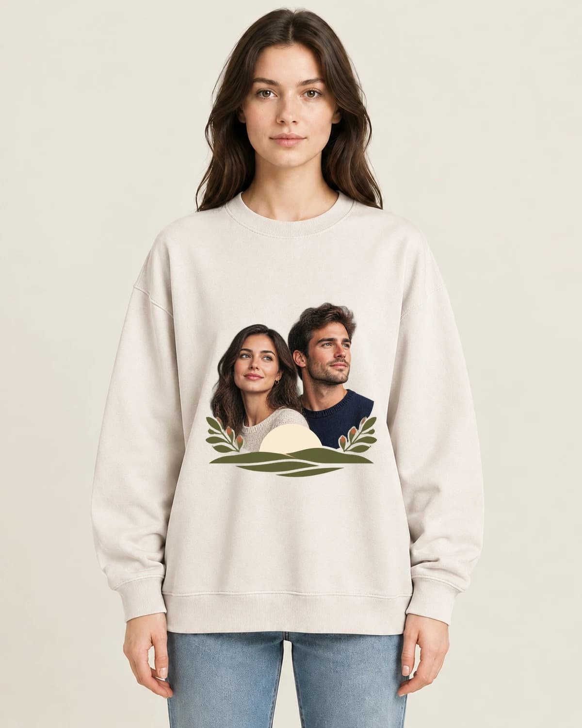 Shared Horizon Couple on women's 220gsm Apricot crewneck; illustrative styling