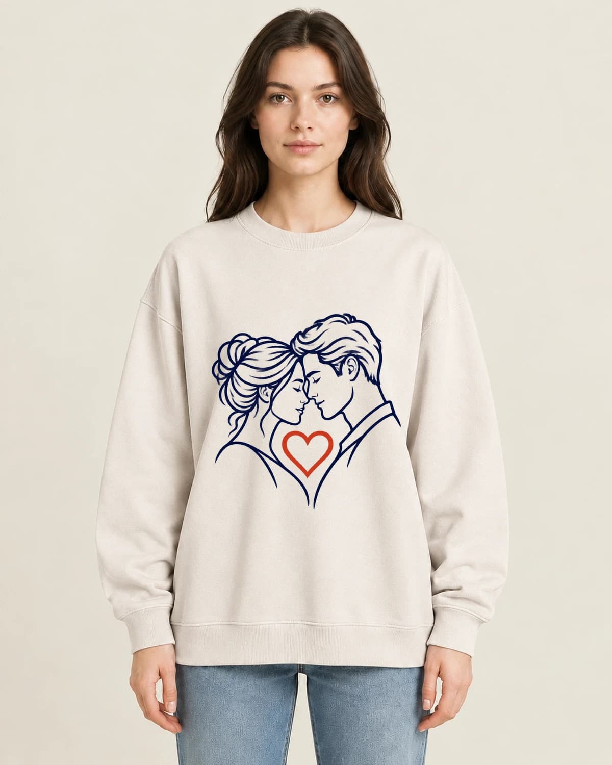 Couple Contour Promise on women's 220gsm Apricot crewneck; illustrative styling