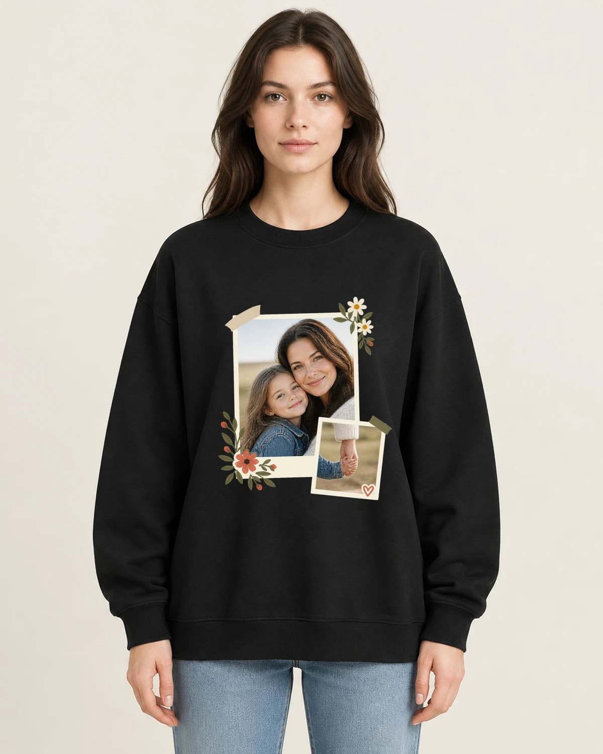 The Mom Camera Roll on women's 220gsm Black crewneck; illustrative styling