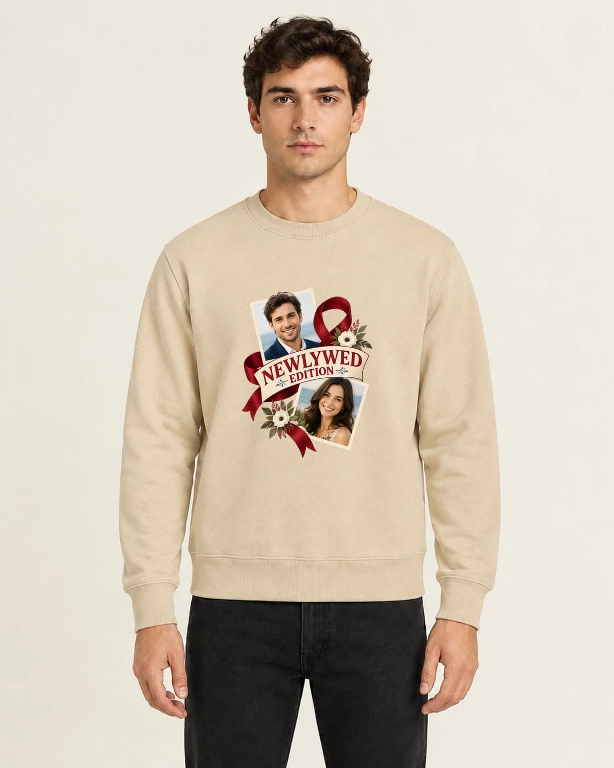 The two of you: The Newlywed Edition on men's crewneck; illustrative styling