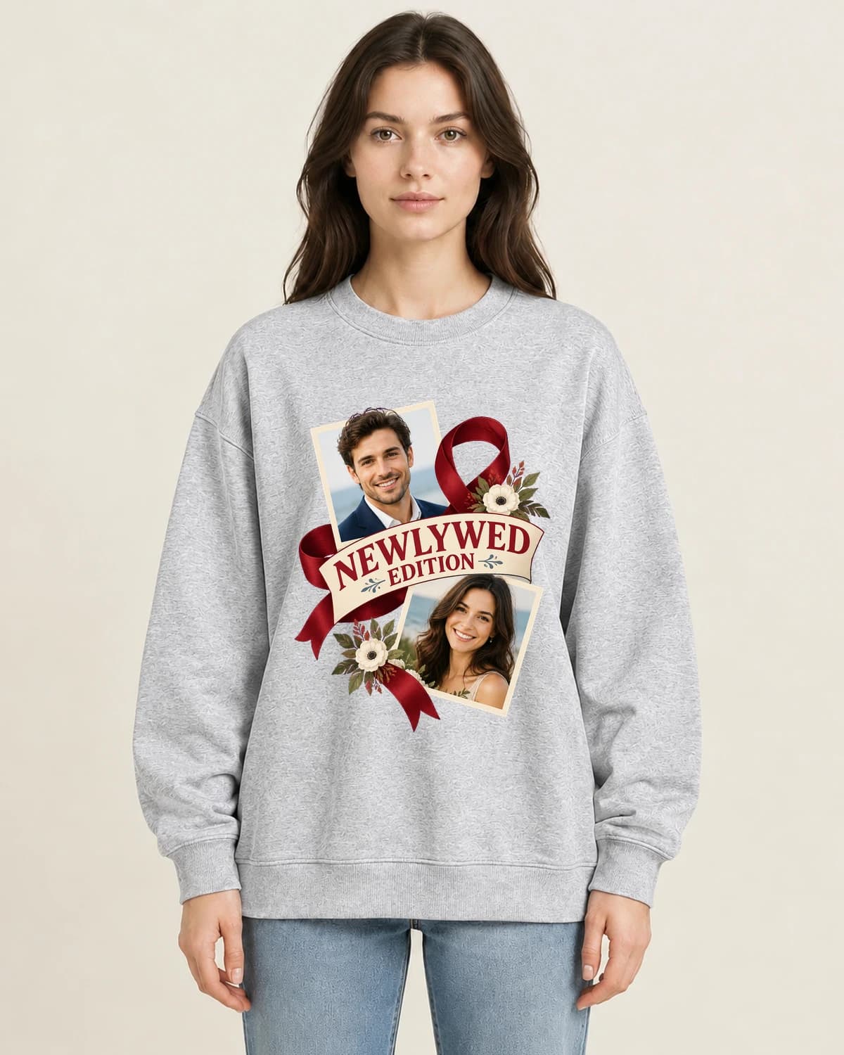 The Newlywed Edition on women's 220gsm Gray crewneck; illustrative styling