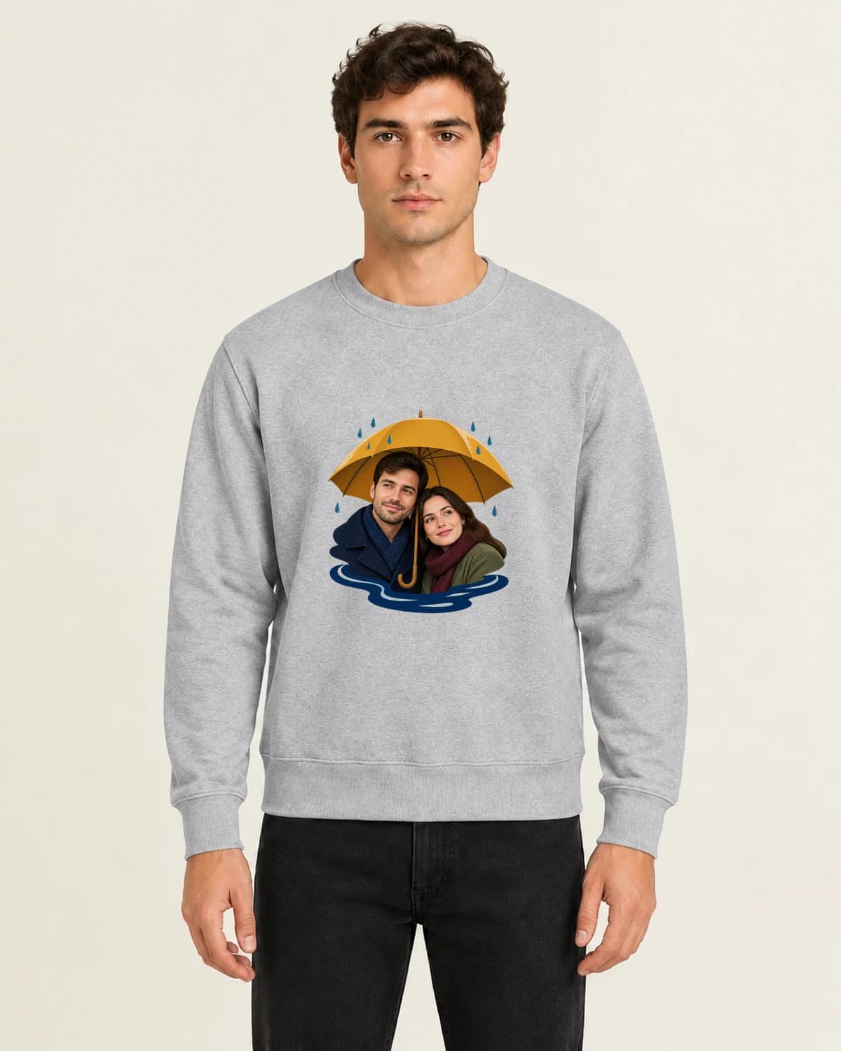 A little personality: Couple Rainy Day on men's crewneck; illustrative styling