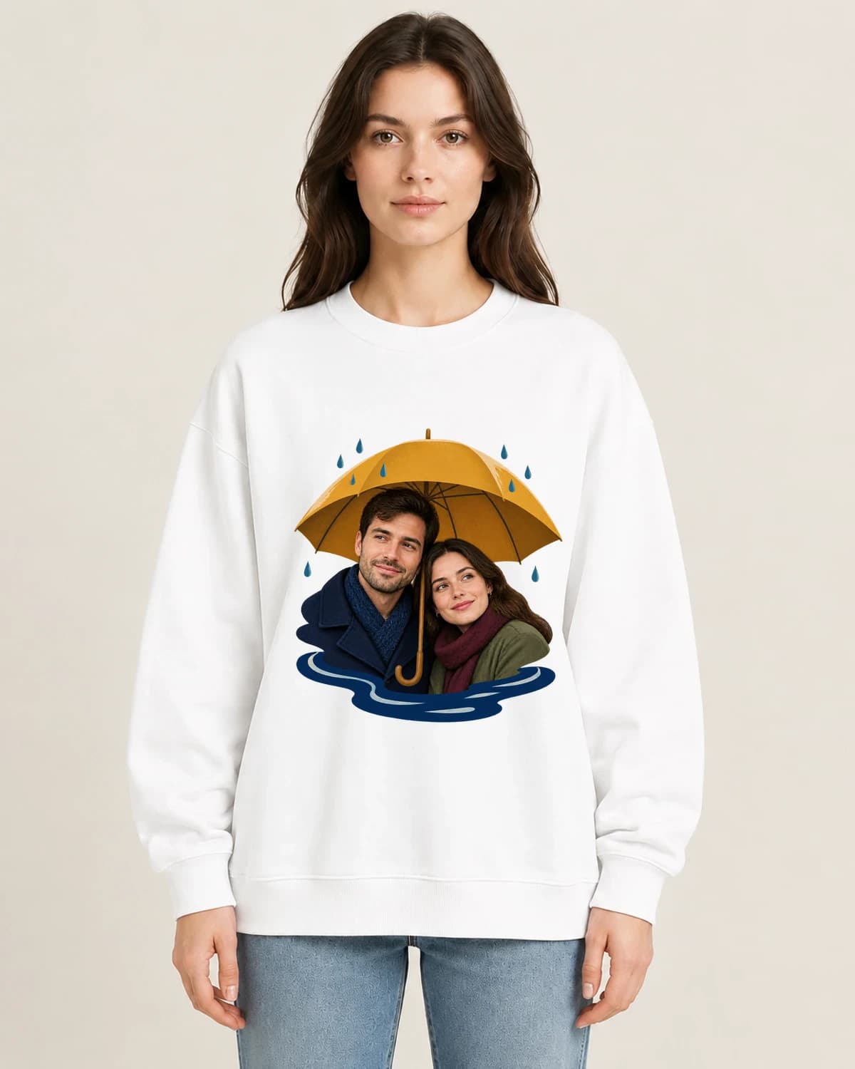 Couple Rainy Day on women's 220gsm White crewneck; illustrative styling