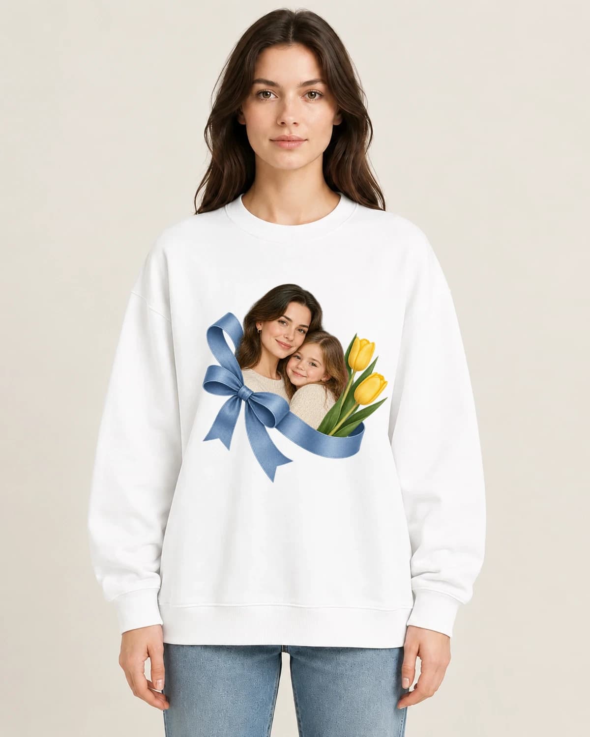 Mothers Day Ribbon Letter on women's 220gsm White crewneck; illustrative styling
