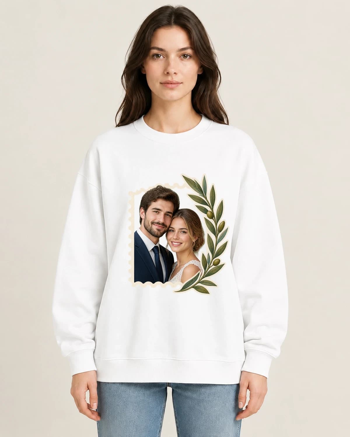Wedding Keepsake Stamp on women's 220gsm White crewneck; illustrative styling