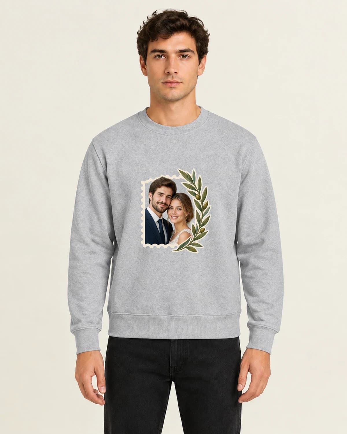 Wedding Photo Sweatshirts: Wedding Keepsake Stamp on men's crewneck; illustrative styling