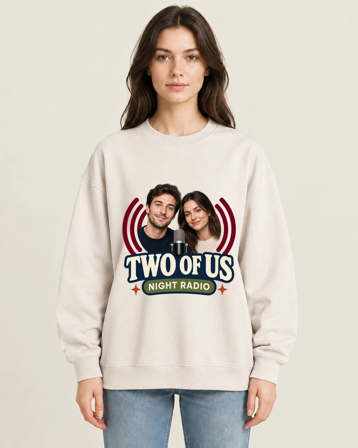 Two Of Us Night Radio on women's 220gsm Apricot crewneck; illustrative styling
