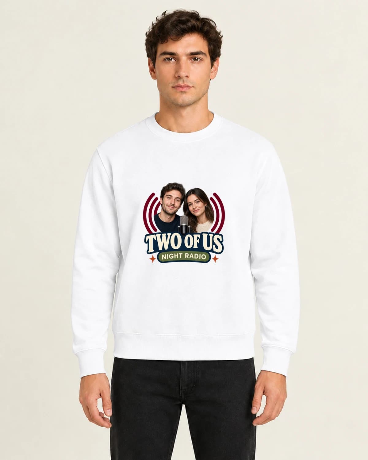 Two Of Us Night Radio, men's 260gsm White; illustrative styling