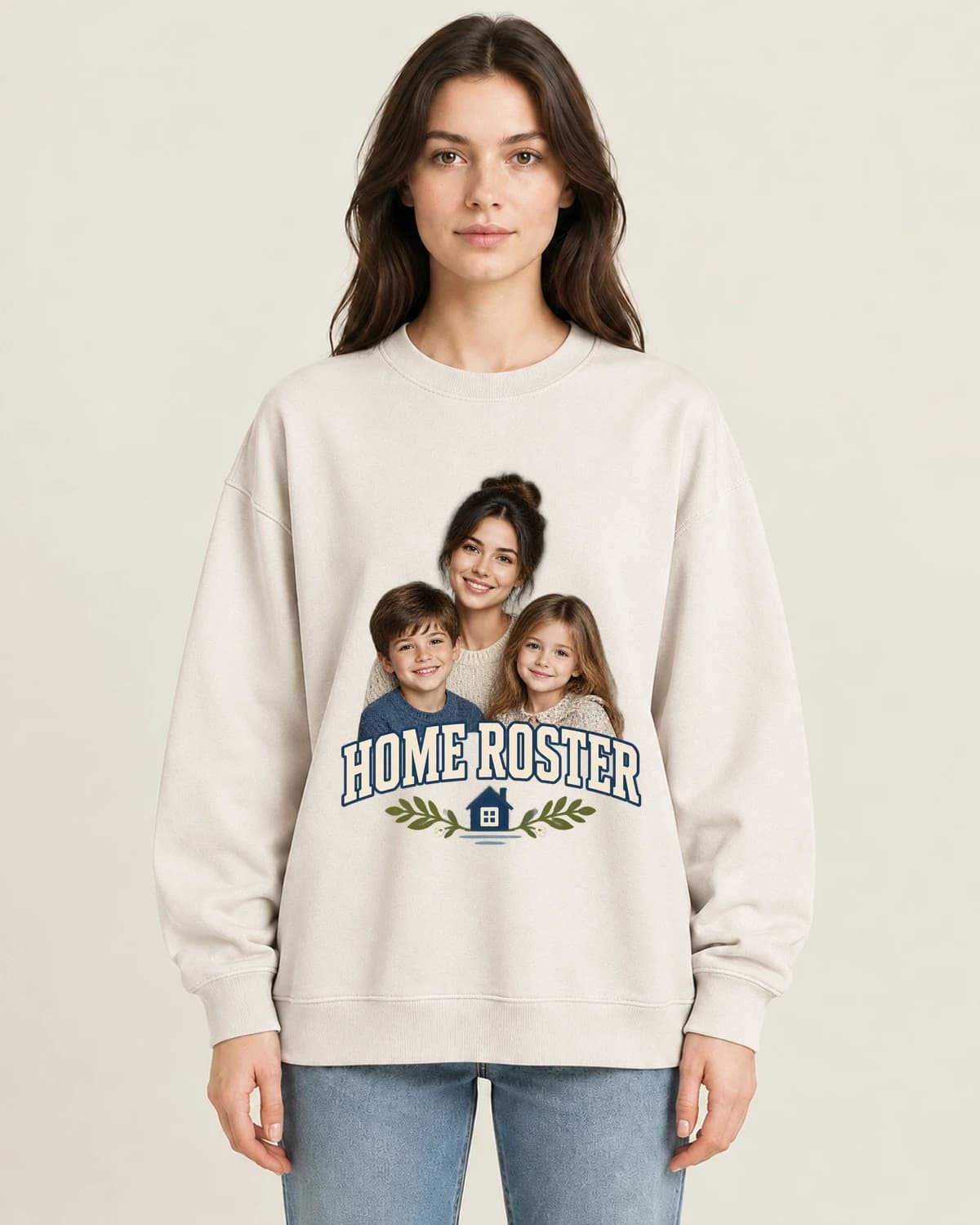 Motherhood Home Roster on women's 220gsm Apricot crewneck; illustrative styling