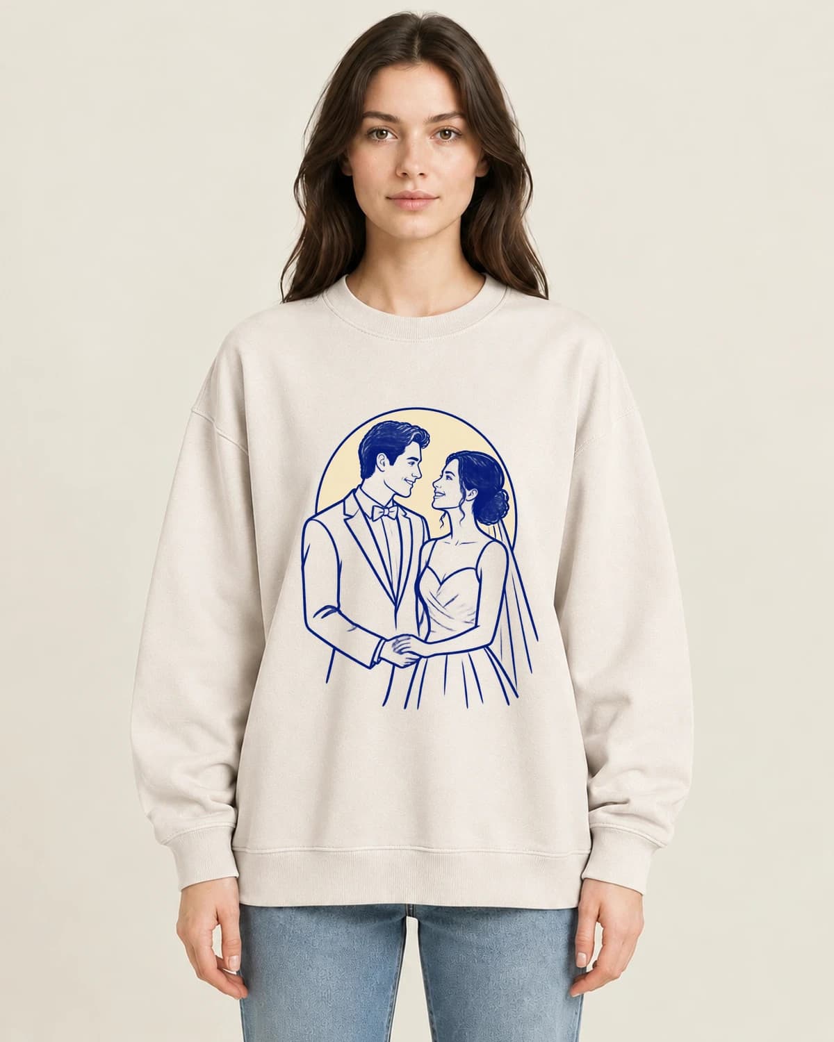 Vow Line Silhouettes on women's 220gsm Apricot crewneck; illustrative styling
