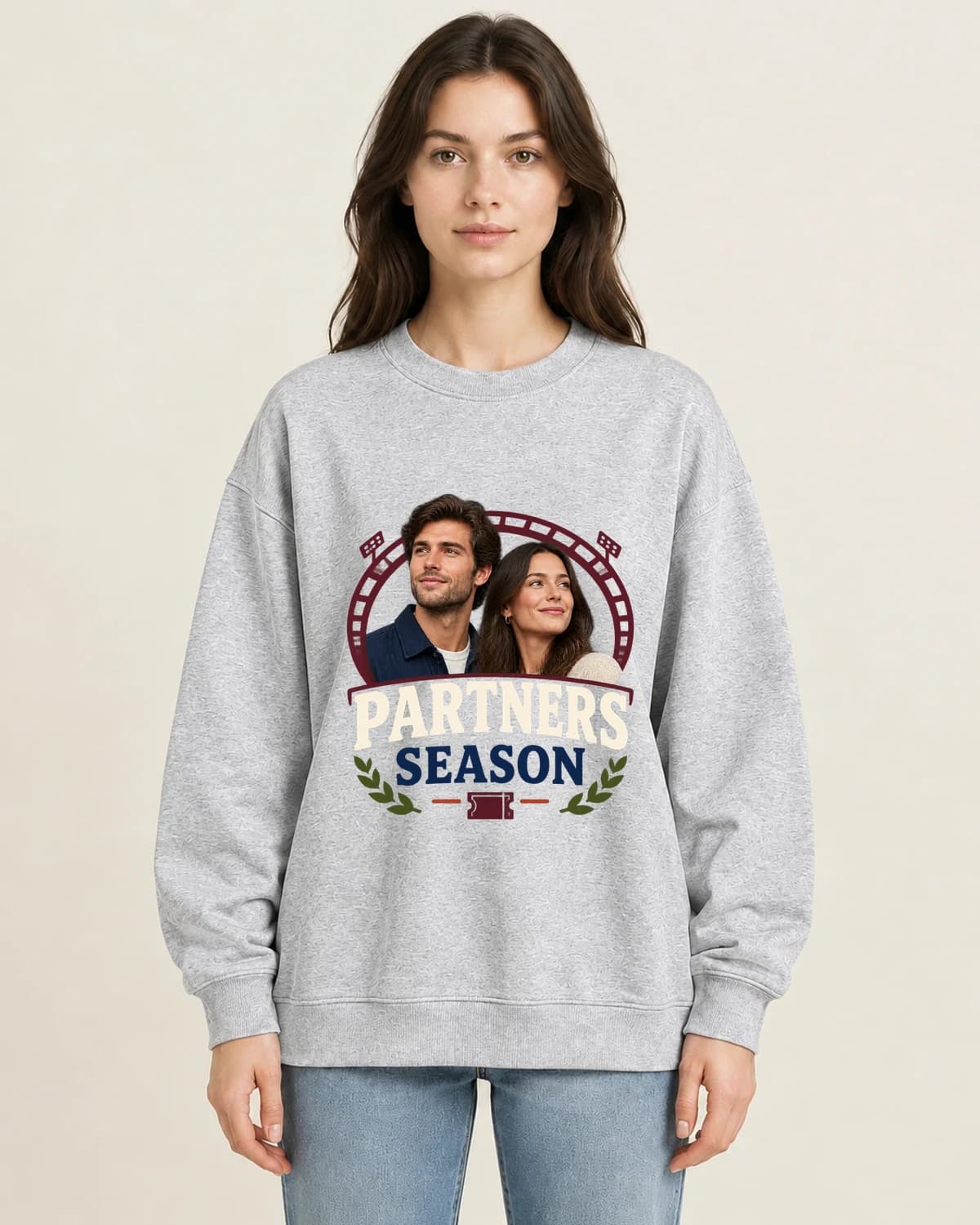 Partners Season Ticket on women's 220gsm Gray crewneck; illustrative styling