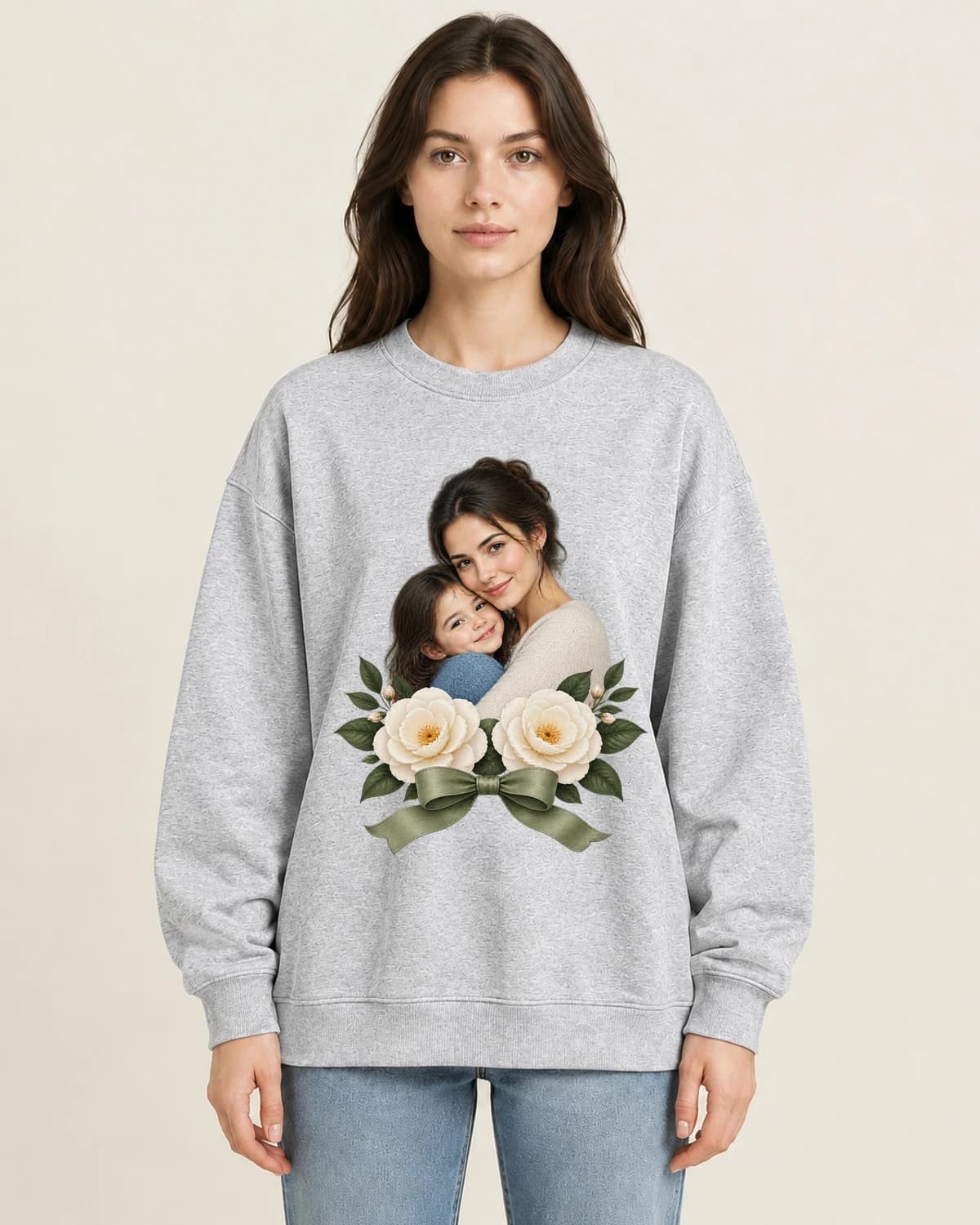 Mama Garden Embrace on women's 220gsm Gray crewneck; illustrative styling