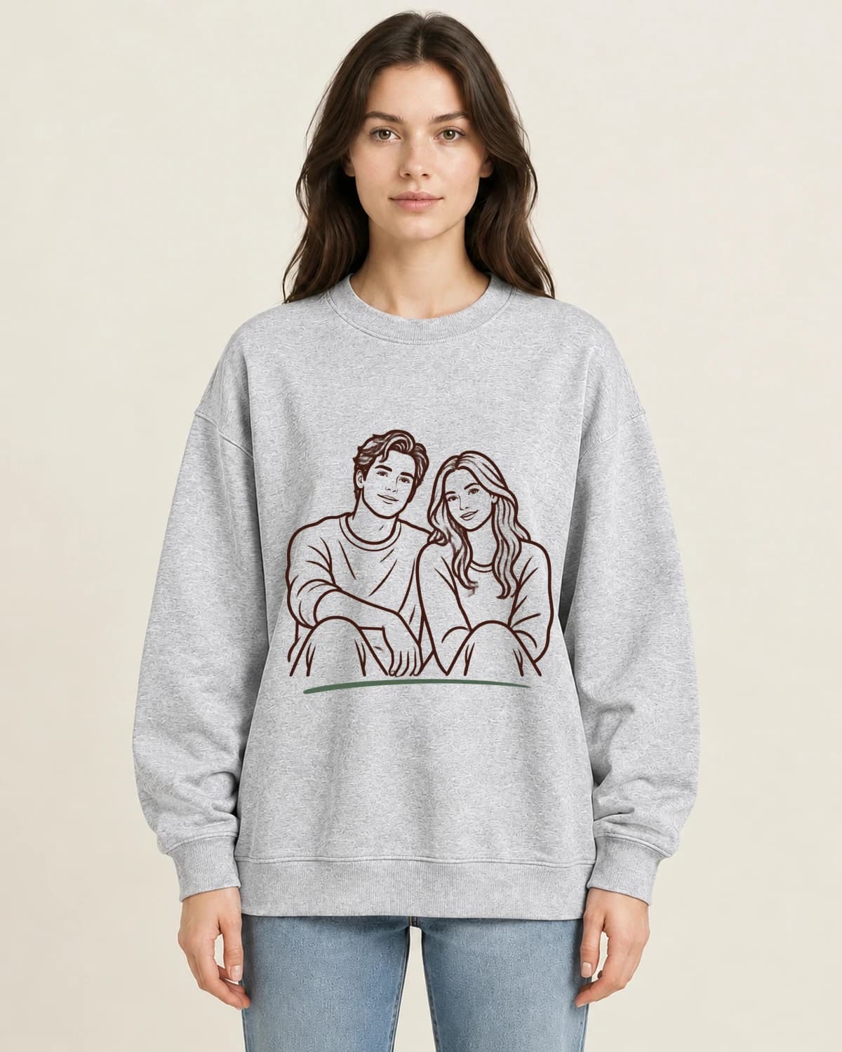 Side By Side Ink on women's 220gsm Gray crewneck; illustrative styling