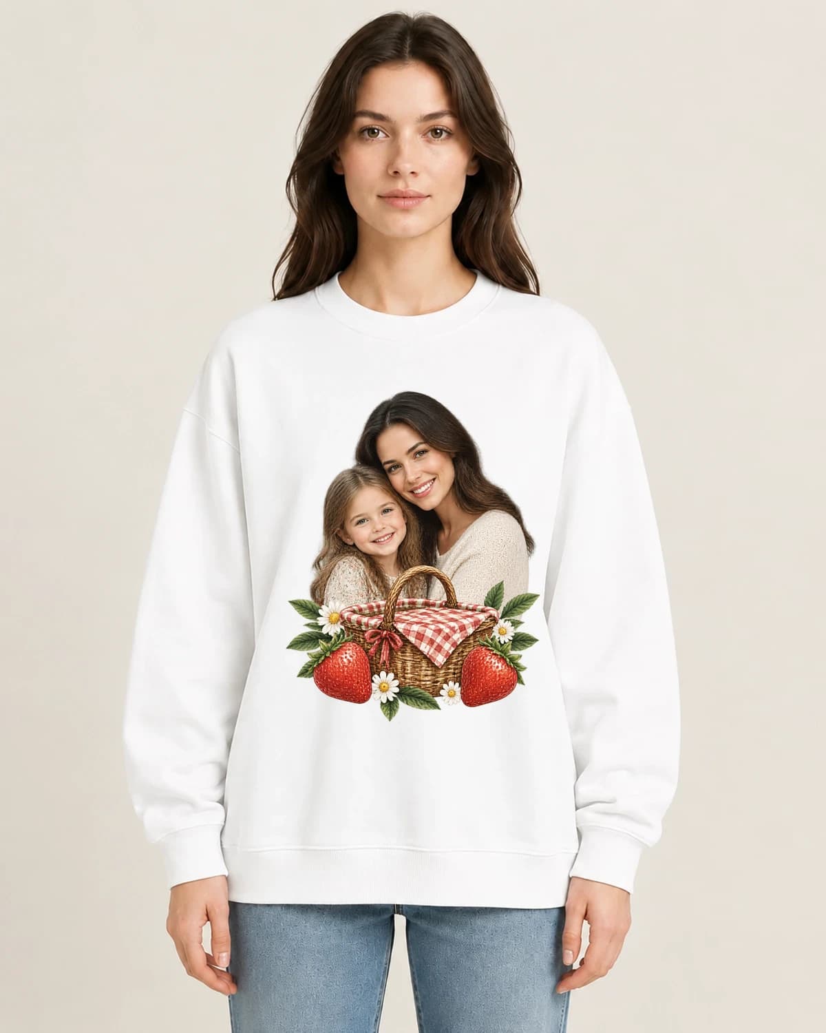 Mom And Me Picnic on women's 220gsm White crewneck; illustrative styling