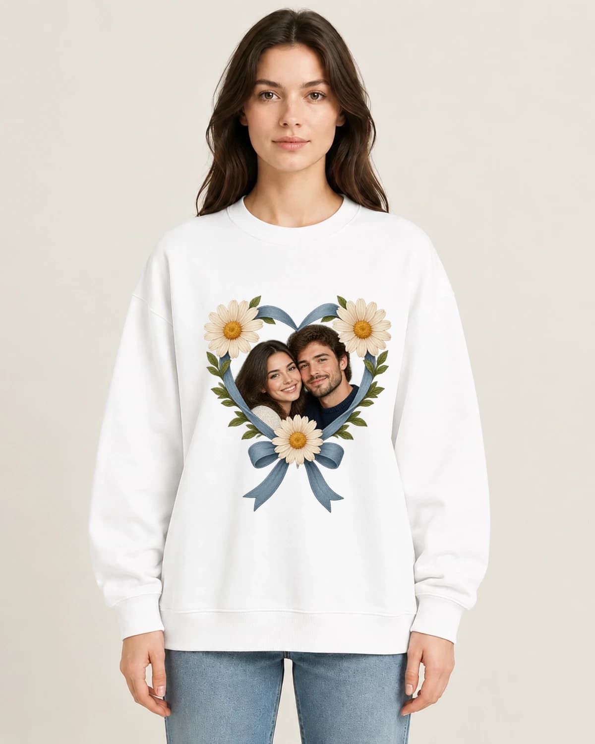 Love In Full Bloom on women's 220gsm White crewneck; illustrative styling