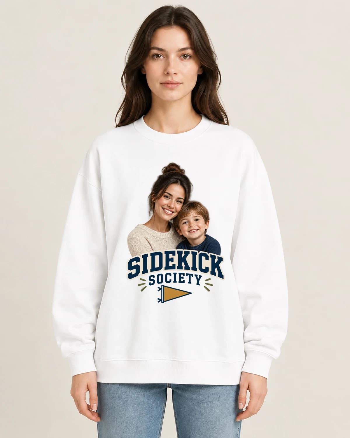 Her Little Sidekick on women's 220gsm White crewneck; illustrative styling
