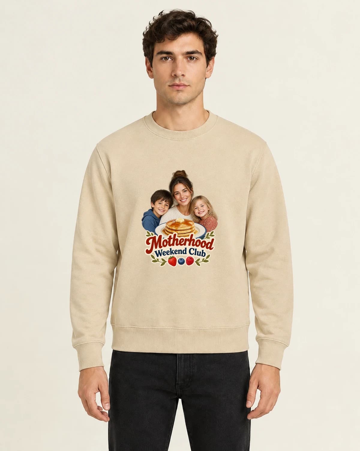 Motherhood Weekend Club, men's 260gsm Sand; illustrative styling