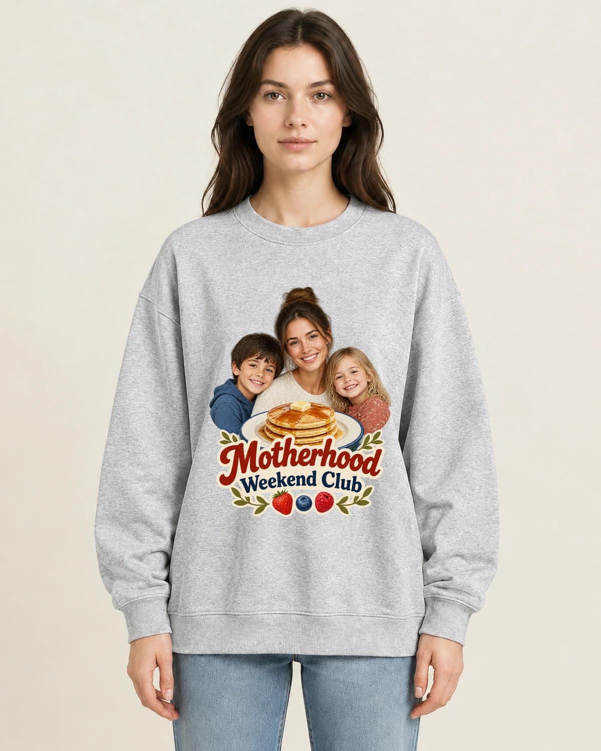 Motherhood Weekend Club on women's 220gsm Gray crewneck; illustrative styling