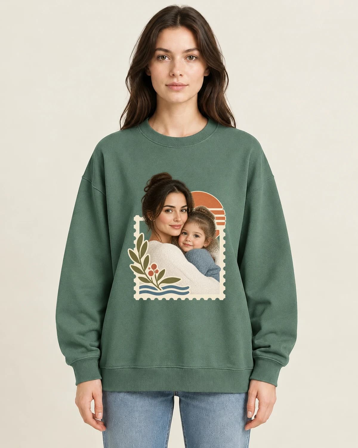 First Motherhood Stamp on women's 220gsm Army Green crewneck; illustrative styling