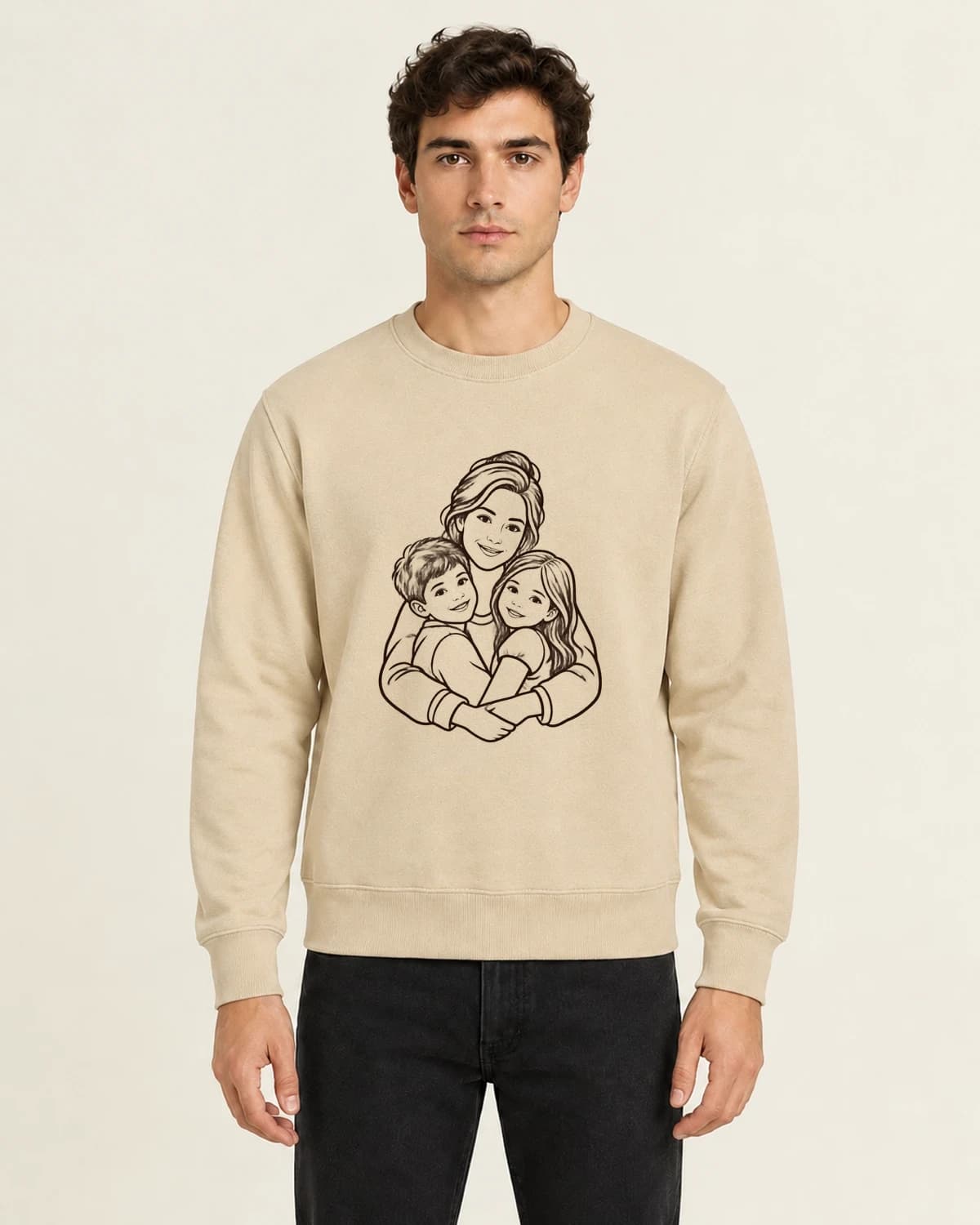 Three People One Hug, men's 260gsm Sand; illustrative styling