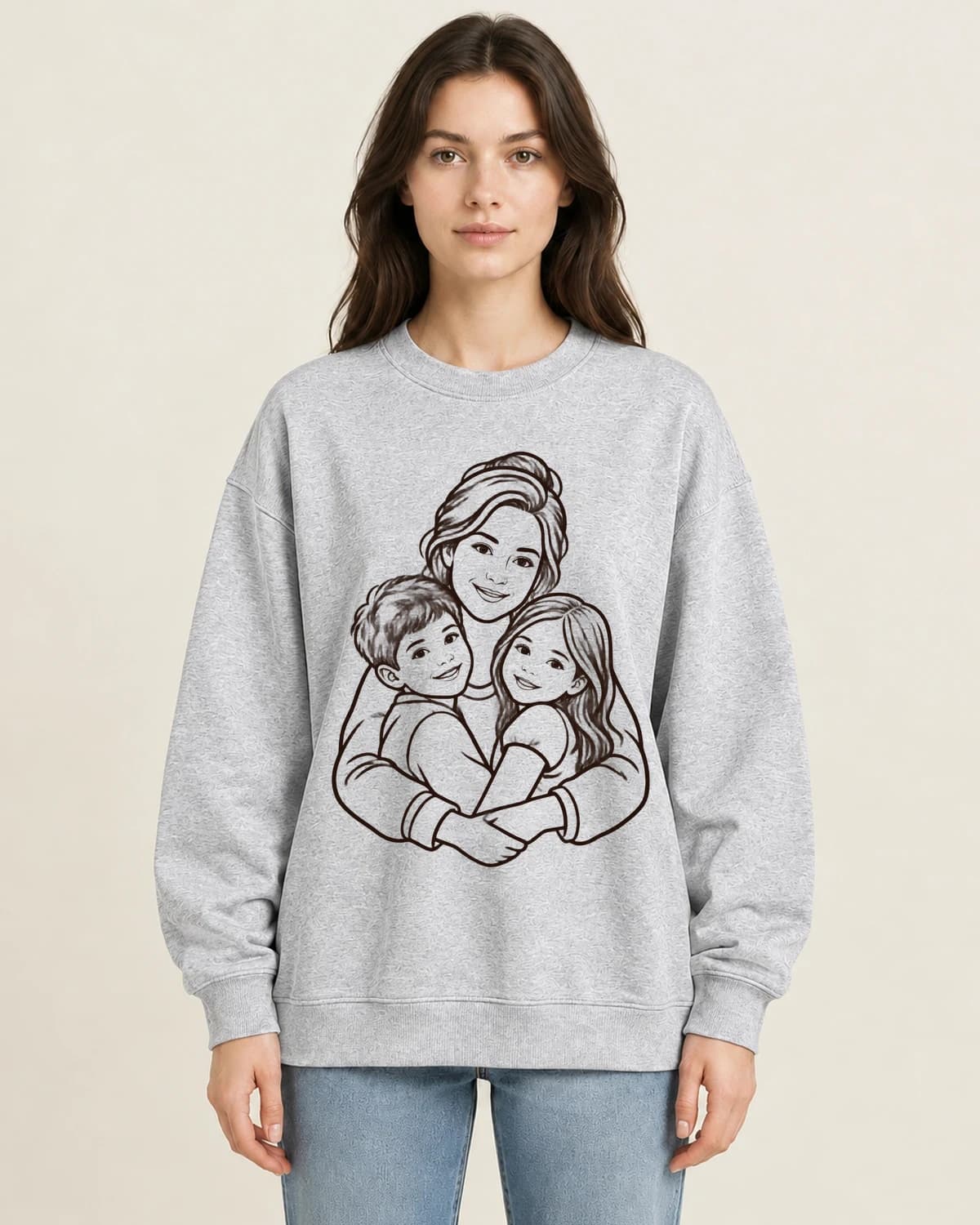 Three People One Hug on women's 220gsm Gray crewneck; illustrative styling