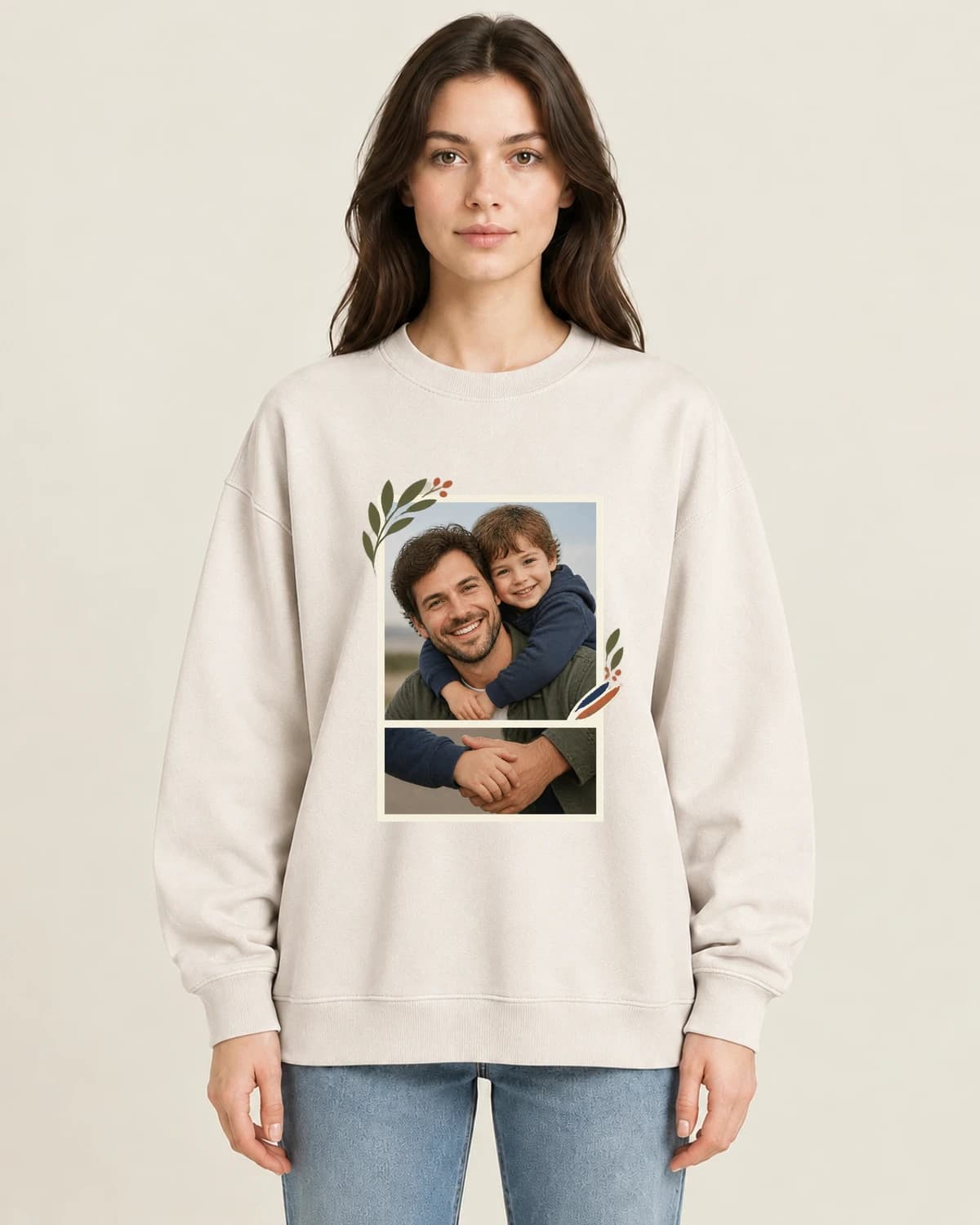 The Dad Sunday Paper on women's 220gsm Apricot crewneck; illustrative styling