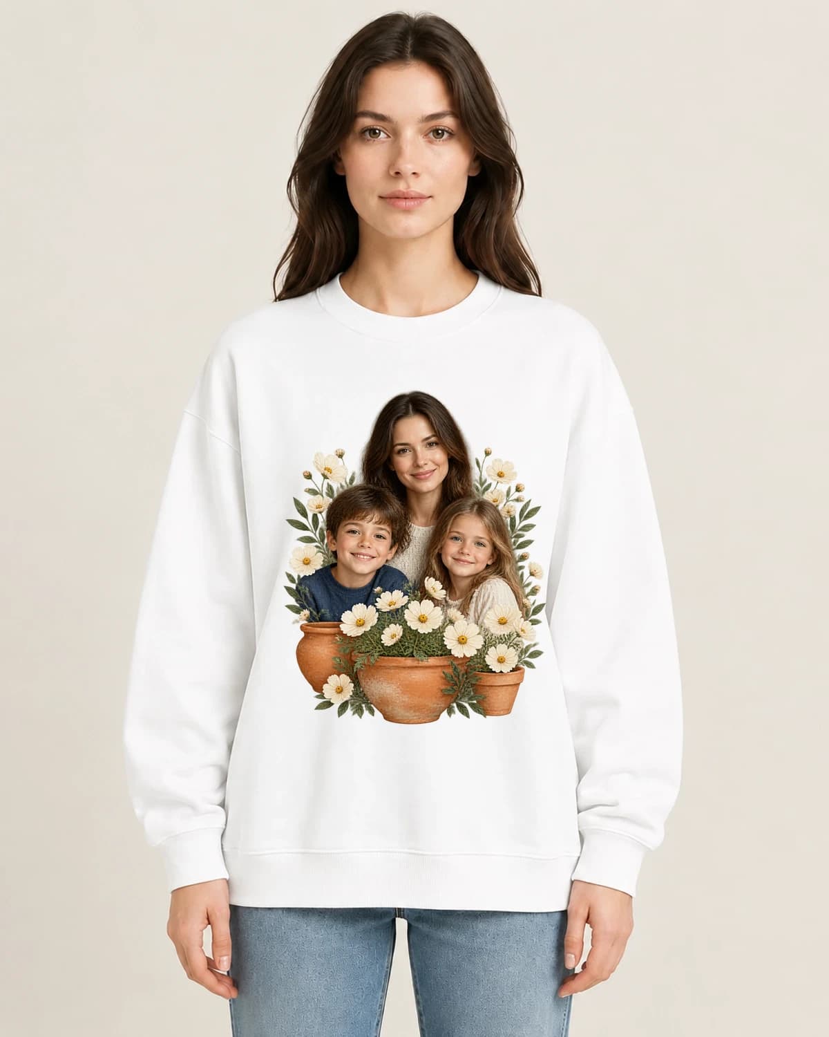 The Family She Grew on women's 220gsm White crewneck; illustrative styling