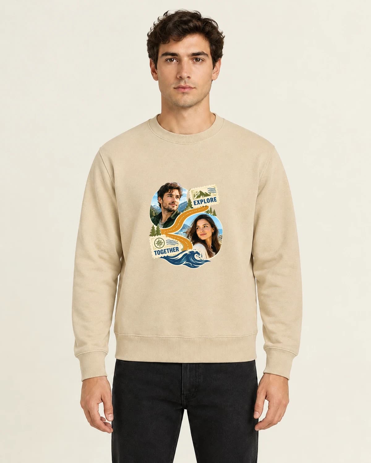 Our Weekend Postcard, men's 260gsm Sand; illustrative styling