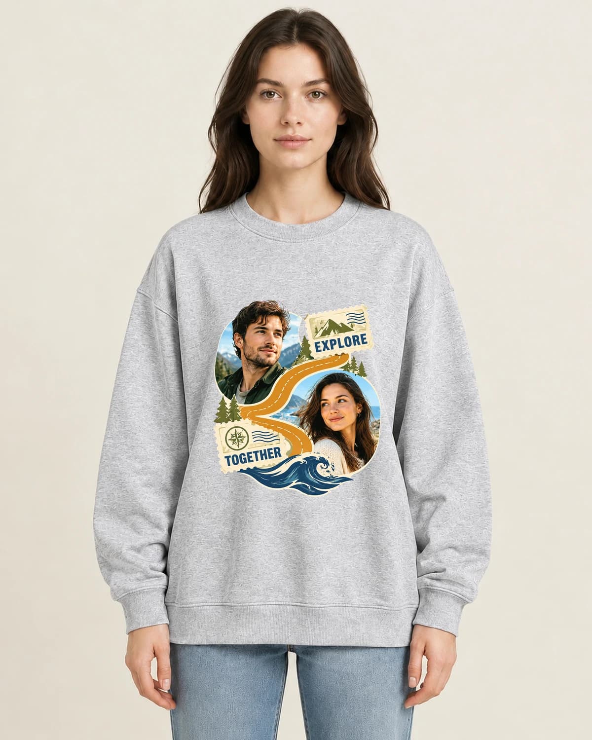 Our Weekend Postcard on women's 220gsm Gray crewneck; illustrative styling