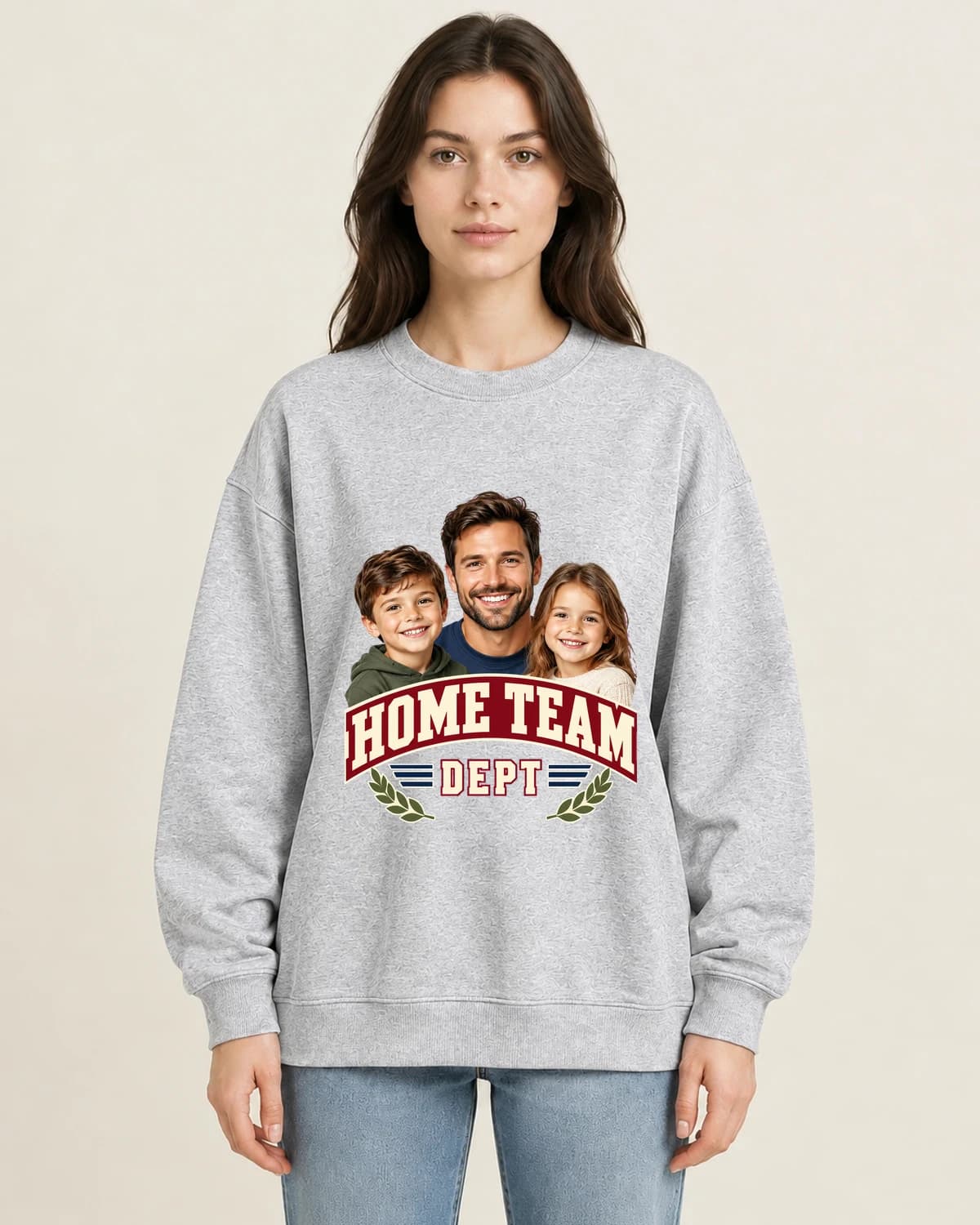 His Three Seat Team on women's 220gsm Gray crewneck; illustrative styling