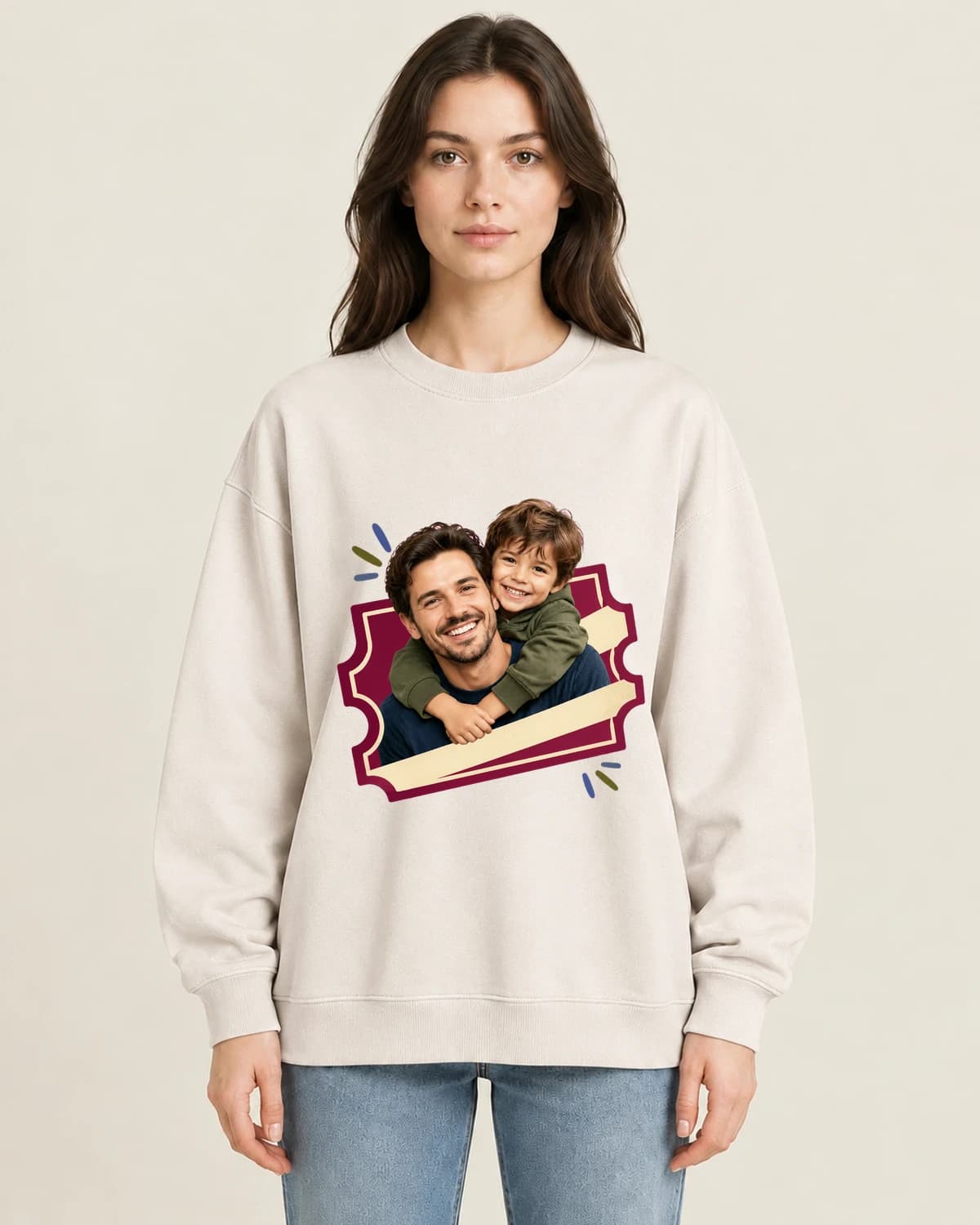 Fatherhood Photo Ticket on women's 220gsm Apricot crewneck; illustrative styling