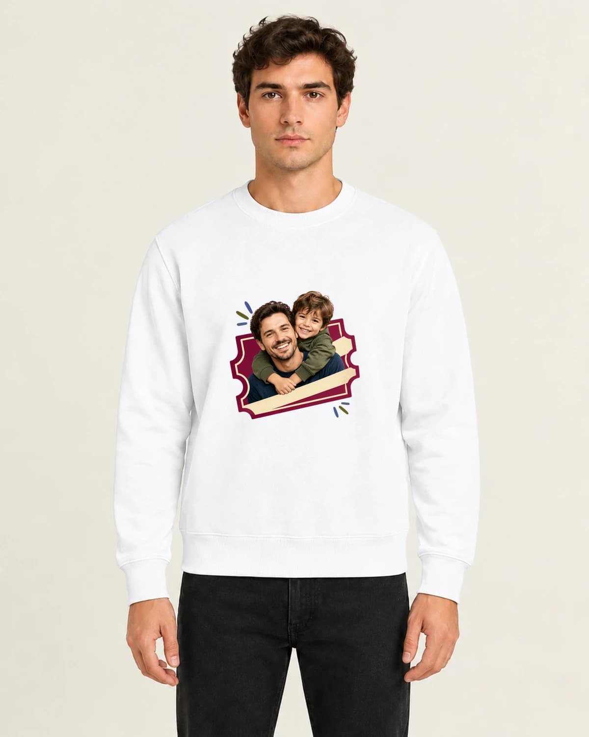 His home team: Fatherhood Photo Ticket on men's crewneck; illustrative styling