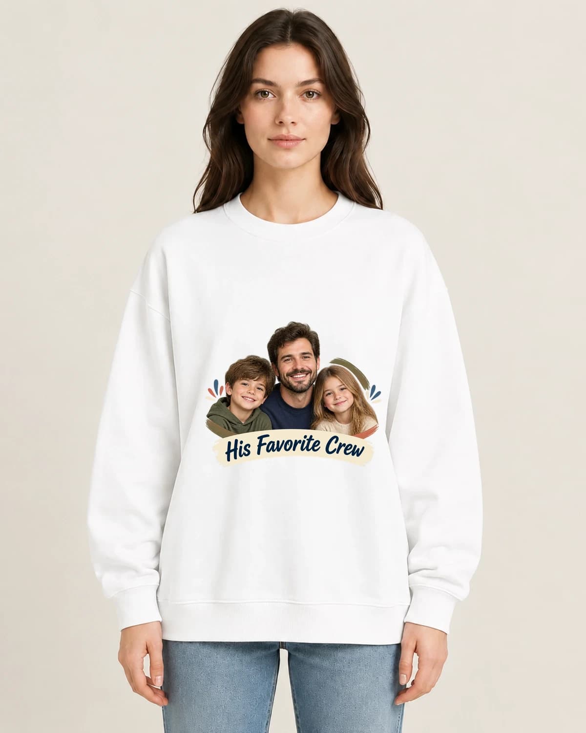 His Favorite Crew on women's 220gsm White crewneck; illustrative styling
